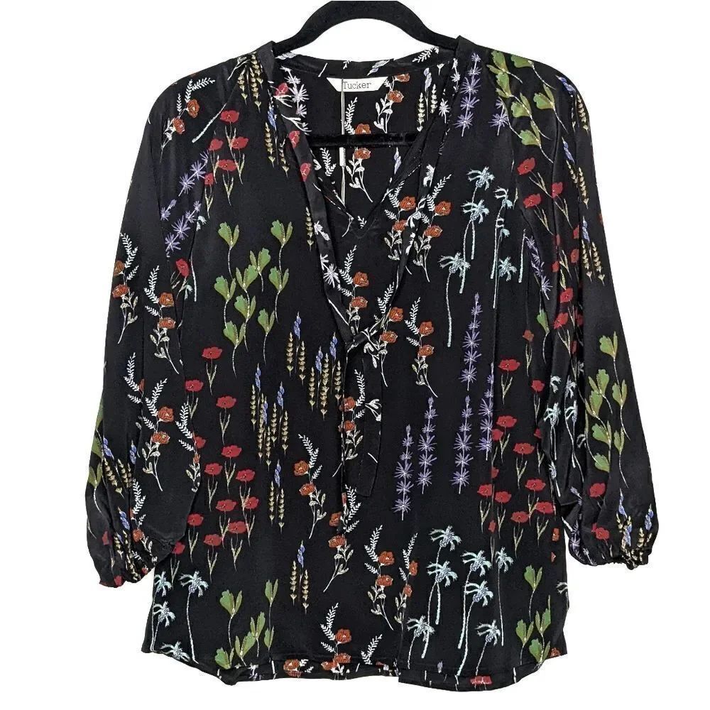Tucker The Long Tie Blouse After the Rain in Crepe de Chine Silk Top Floral